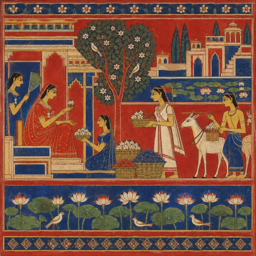 Jain Manuscript-Inspired Painting: Compact angular figures and geometric architecture, saturated red and blue planes, fine outlines and tightly organized horizontal composition.