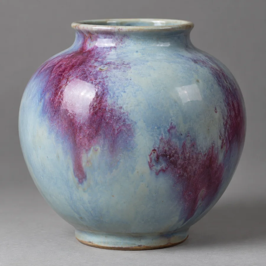 Jun-Style Glaze: Thick opalescent blue ceramic glaze with purple splashes, cloudy optical depth and softly pooled transitions.