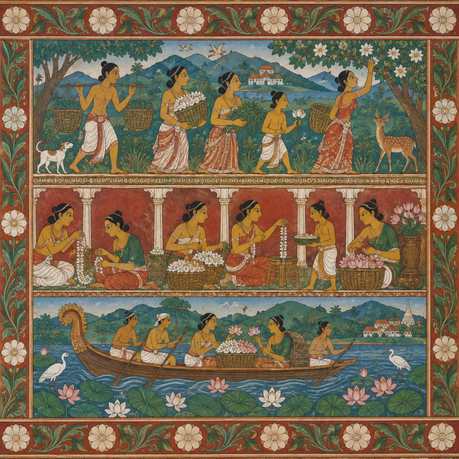 Kandyan Mural-Inspired Painting: Continuous narrative bands, strong flat colors, rhythmic profile figures and decorative botanical borders adapted to original secular imagery.