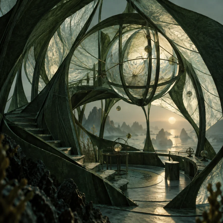 Kelp-Paper Observatory: Dark green paper strips folded into a delicate observatory-like structure, translucent membranes and organic curved supports.