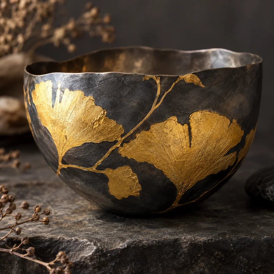 Keum-Boo: Thin gold foil bonded onto darkened silver, luminous irregular gold planes and restrained precious-metal contrast.