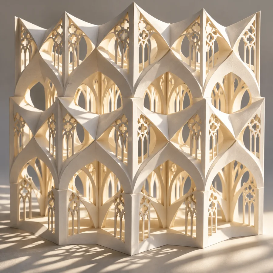 Kirigami Lattice: Cut and folded paper opening into repeated three-dimensional lattice cells, precise slits and light structural shadows.