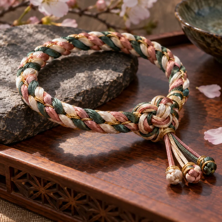Kumihimo Braiding: Smooth interlaced silk cords, diagonal color rhythms and precisely rounded braided structures.