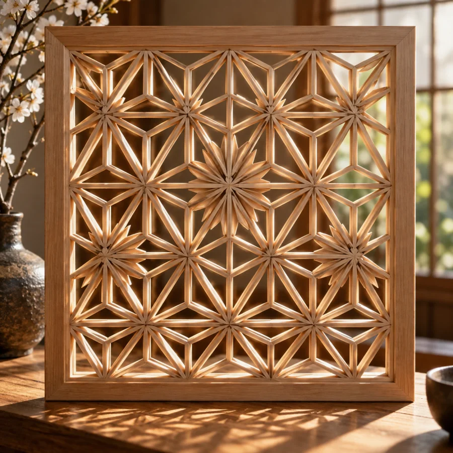 Kumiko Joinery: Thin wooden slats assembled without visible nails into intricate geometric lattices, precise joints and open light-filled cells.