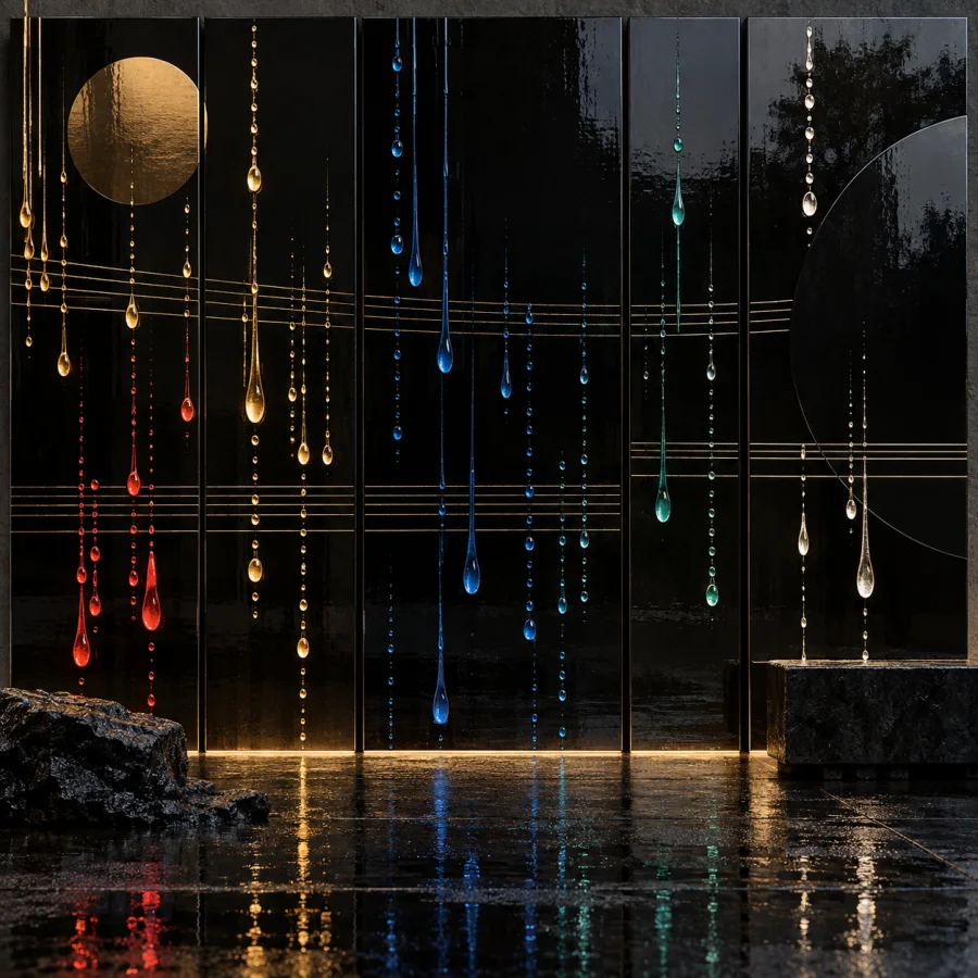 Lacquered Rain Scores: Glossy black panels marked by colored droplet trails arranged like an abstract musical score.