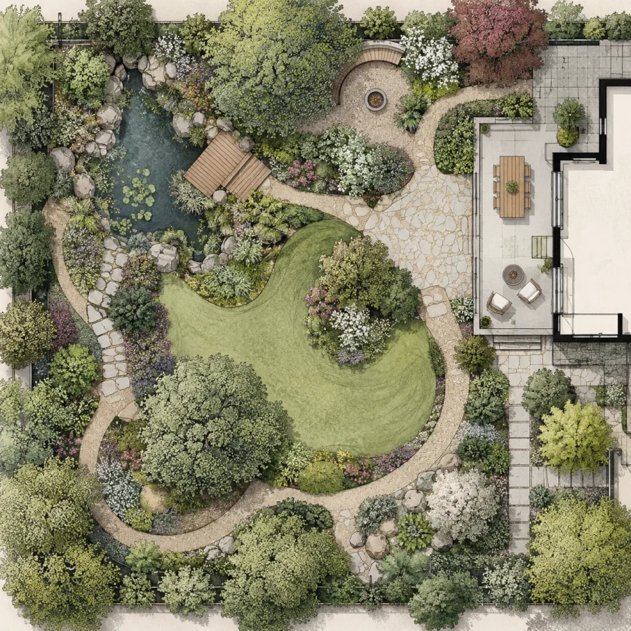 Landscape Design Plan: Top-down planting masses, stippled tree canopies, curved paths and fine graphic distinctions between ground materials.