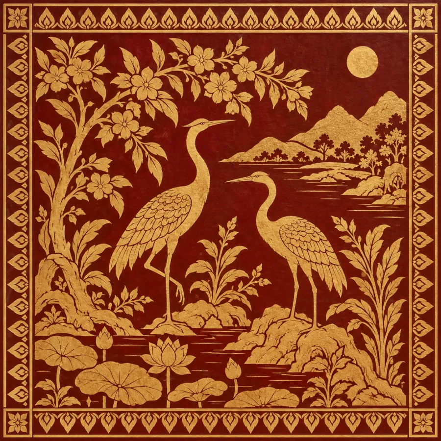 Lao Temple-Stencil-Inspired Ornament: Fine gold-colored stenciled plants and geometric borders against deep red or black, crisp repeated silhouettes and elegant rhythmic spacing.
