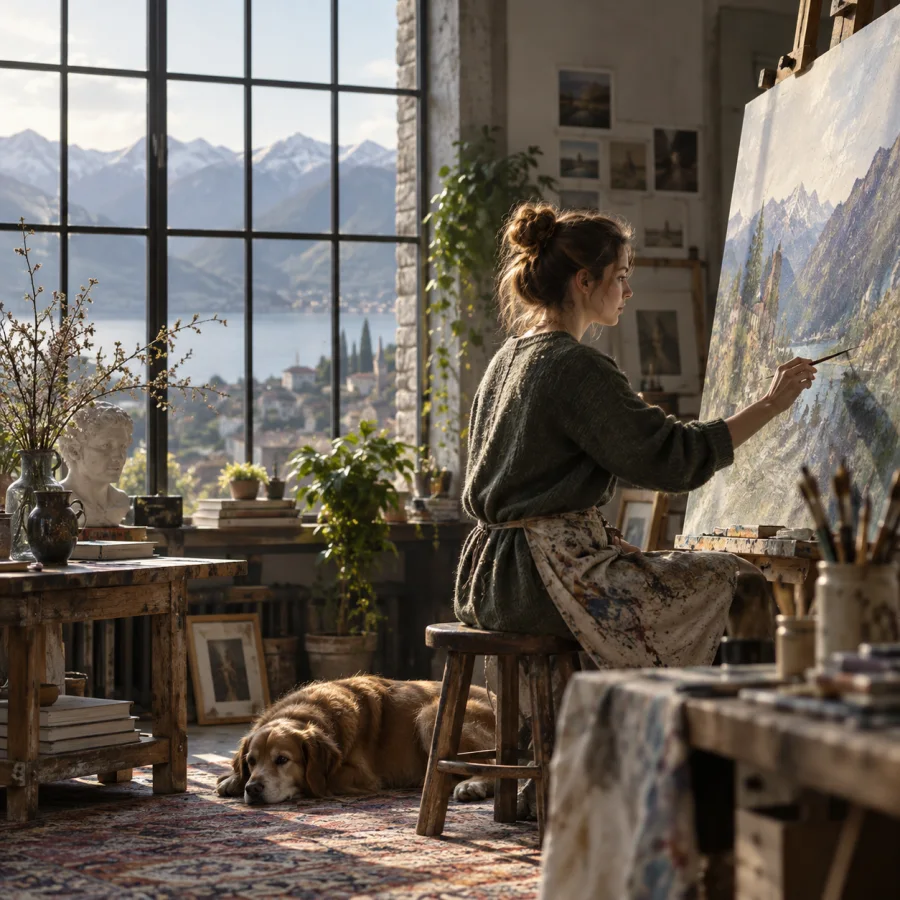 Large-Format Environmental Portrait: Highly detailed photographic subject within a carefully composed environment, deliberate stillness and gentle focus falloff.