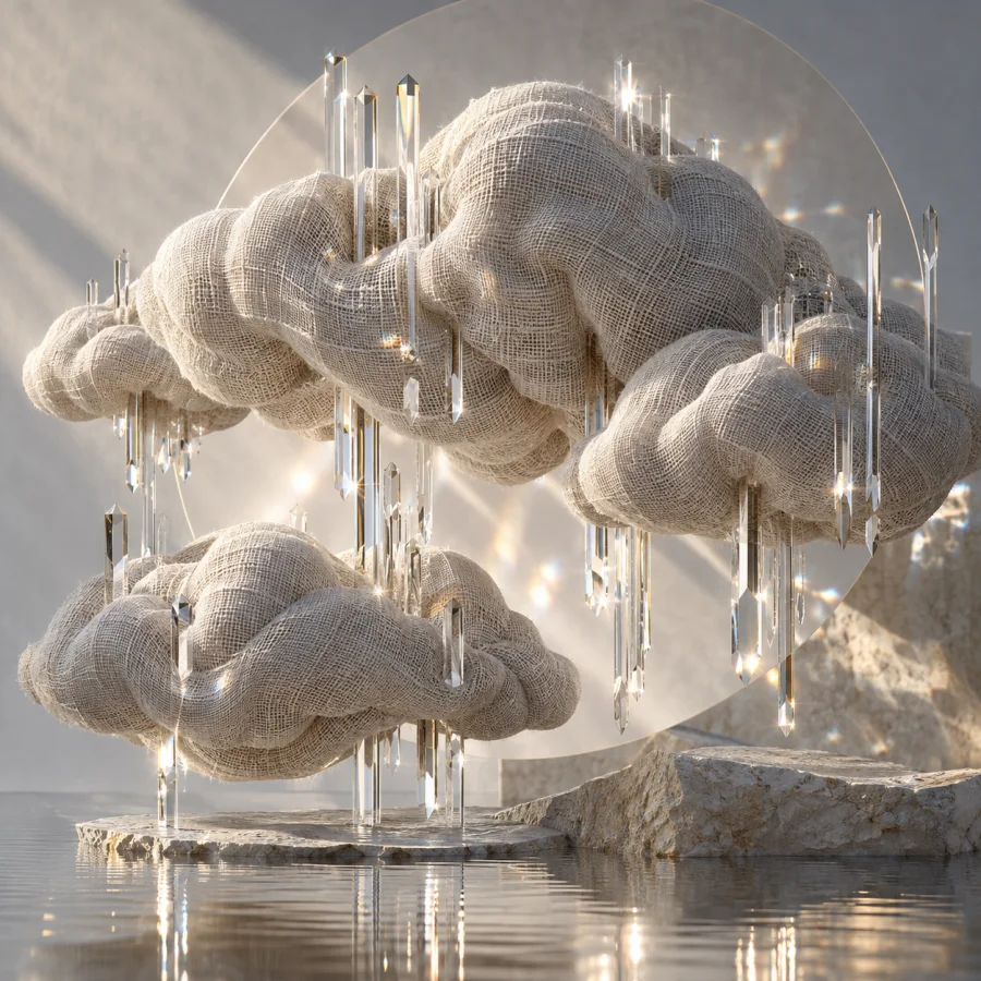 Linen Crystal Clouds: Soft woven fabric clouds pierced by tiny clear crystal rods, diffuse light and precise angular sparkle.