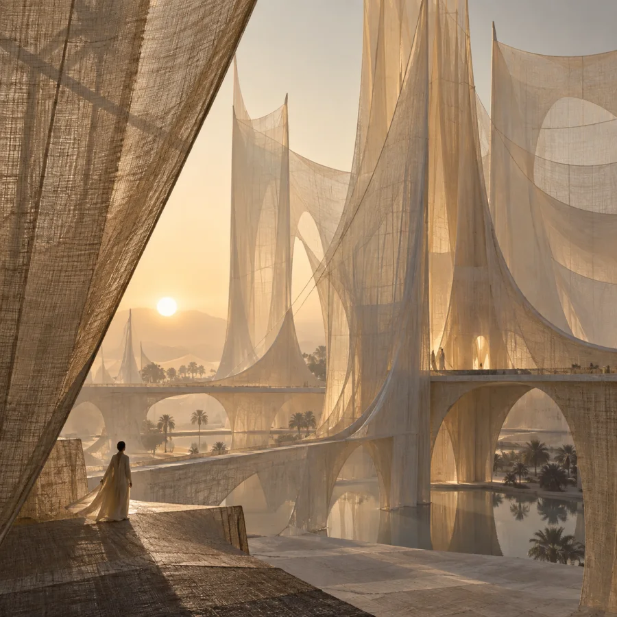 Linen Mirage Architecture: Buildings suggested by stretched linen membranes, visible weave, wavering translucent walls and desert-colored light.