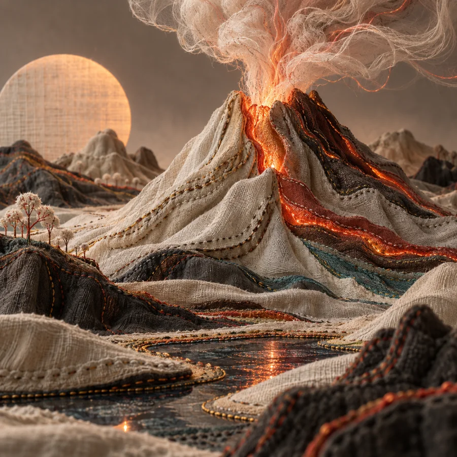 Linen Volcano Miniature: Folded cloth terrain emitting soft thread-like plumes, stitched strata and glowing colored seams.