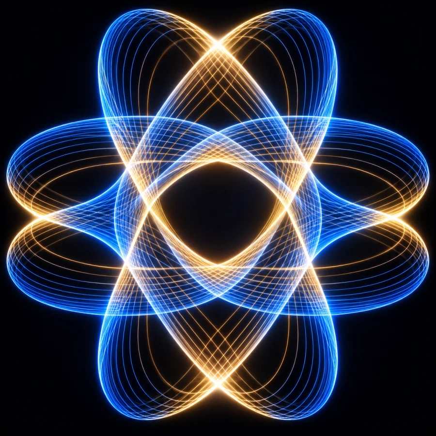 Lissajous Light Figure: Smooth intersecting harmonic curves drawn by luminous lines, controlled symmetry and delicate optical rhythm.