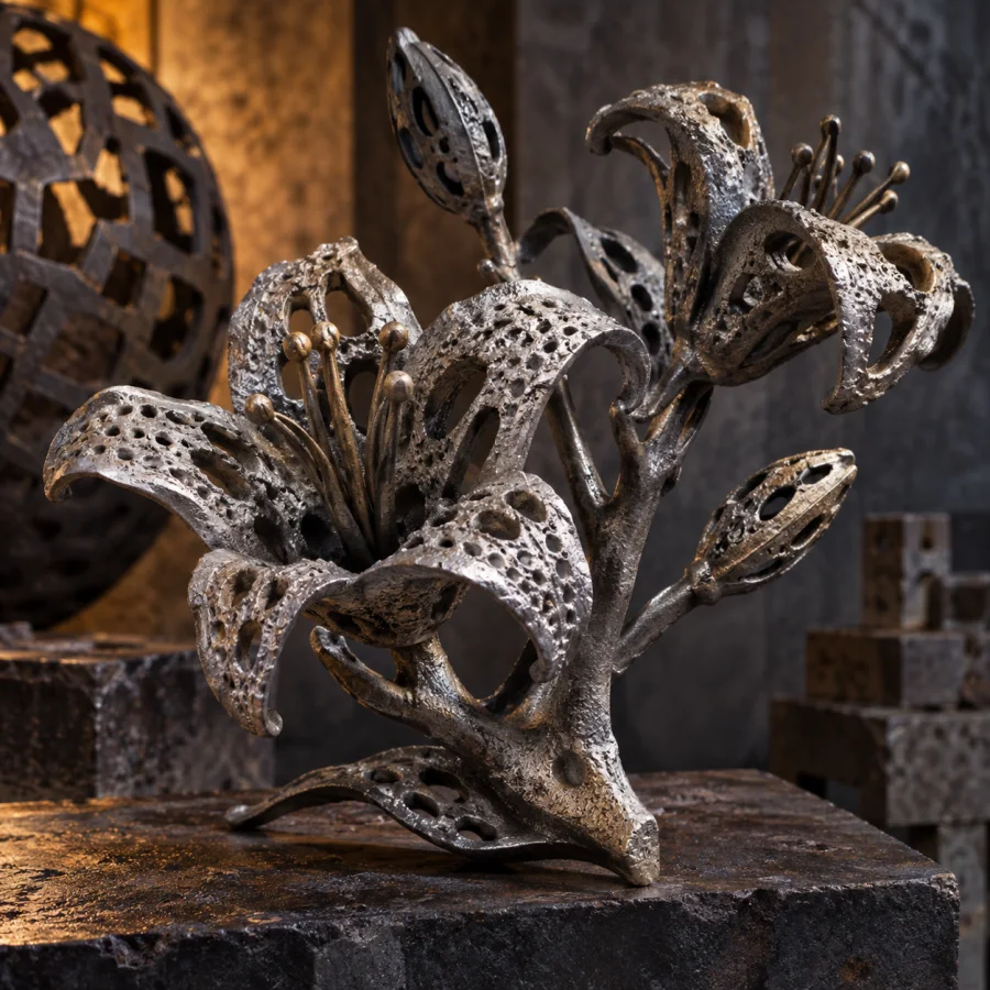 Lost-Foam Casting: Cast metal retaining subtle bead-like foam texture, complex hollow-looking shapes and rugged industrial surfaces.