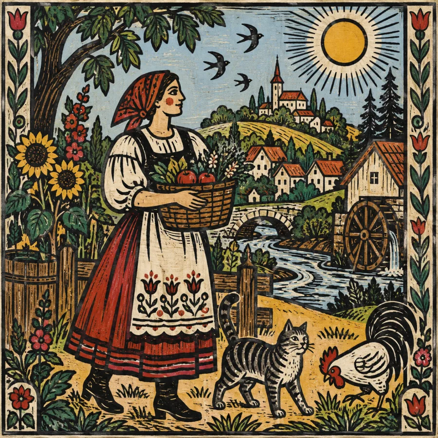 Lubok-Inspired Print: Bold simplified narrative woodcut-like imagery, strong black outlines, flat hand-applied color and playful folk-graphic spacing.