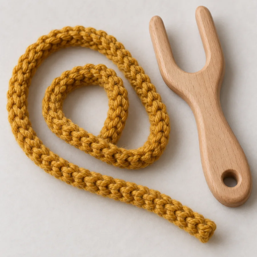 Lucet Braiding: Square-section cords built from interlocking loops, repeated small knots and supple structural lines.