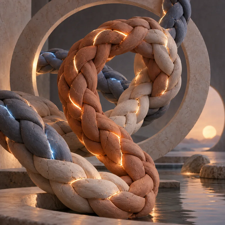 Luminous Clay Braids: Thick clay strands braided into looping forms, matte surfaces and soft colored light glowing from hairline cracks.