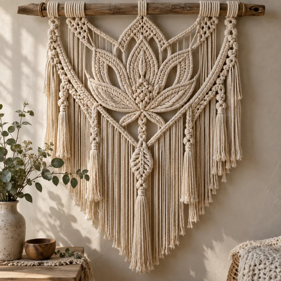 Macrame Wall Sculpture: Visible square knots and long hanging cords, deliberate negative spaces and thick dimensional cotton relief.