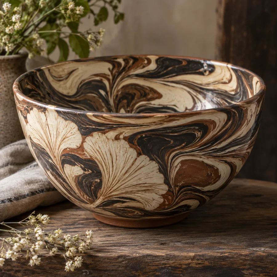 Marbled Slipware: Fluid contrasting clay slips swirled across ceramic surfaces, soft veined color and glossy fired depth.