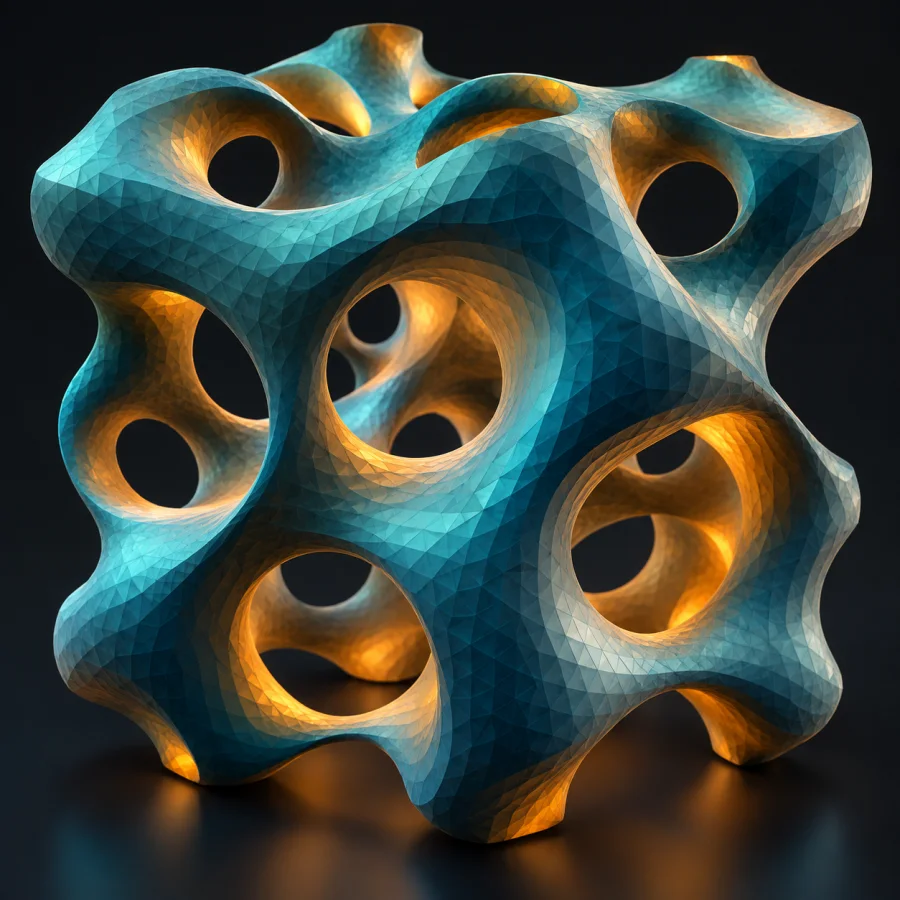 Marching-Cubes Isosurface: A smooth volumetric form with subtly faceted triangulated surfaces, continuous cavities and organic implicit geometry.