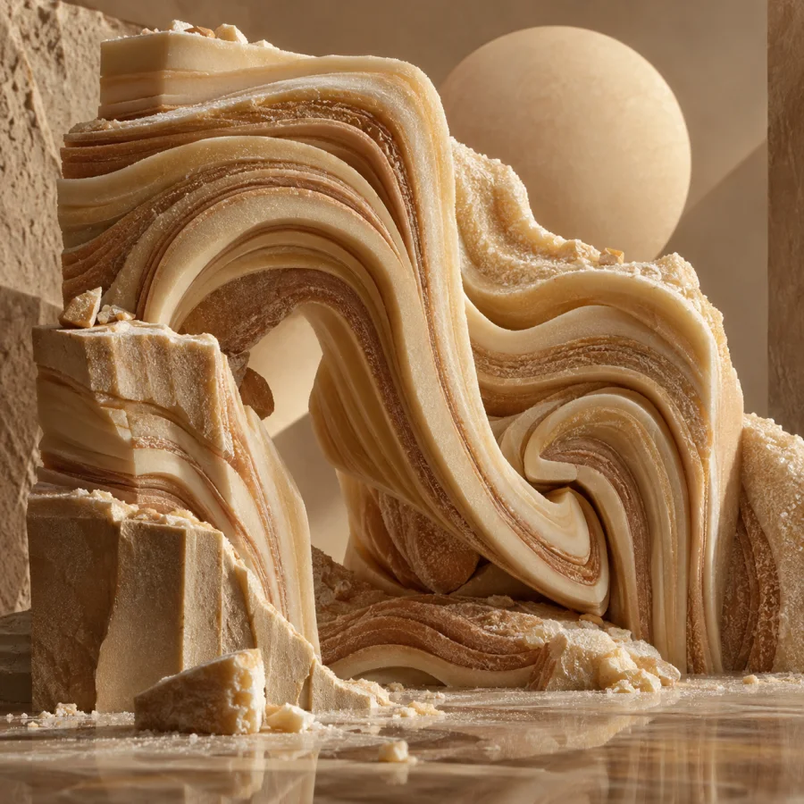 Marzipan Geological Fold: Soft almond-colored confectionery layers compressed into intricate geological folds, matte cut faces and fine sugar grain.