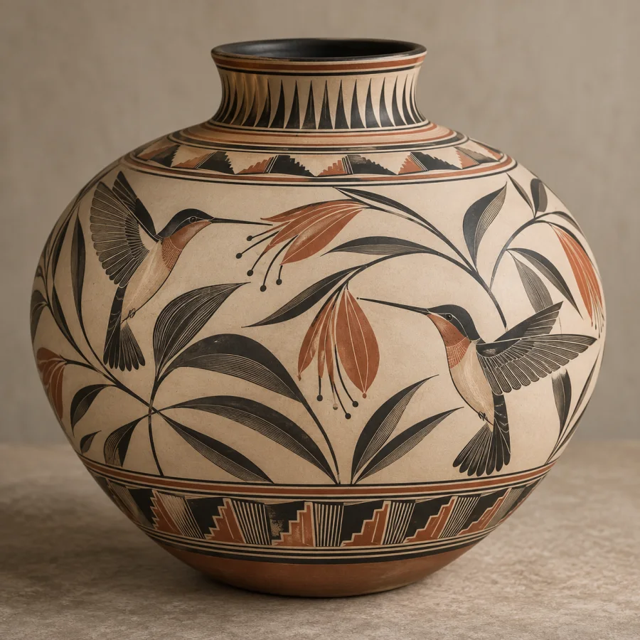 Mata Ortiz Pottery: Thin-walled ceramic vessels decorated with exceptionally fine geometric linework, restrained earth colors and precisely balanced repeating bands.