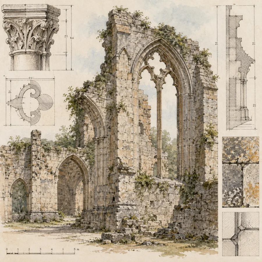 Measured Ruin Drawing: Careful line-and-wash recording of weathered masonry, precise stone joints and restrained documentary shading.