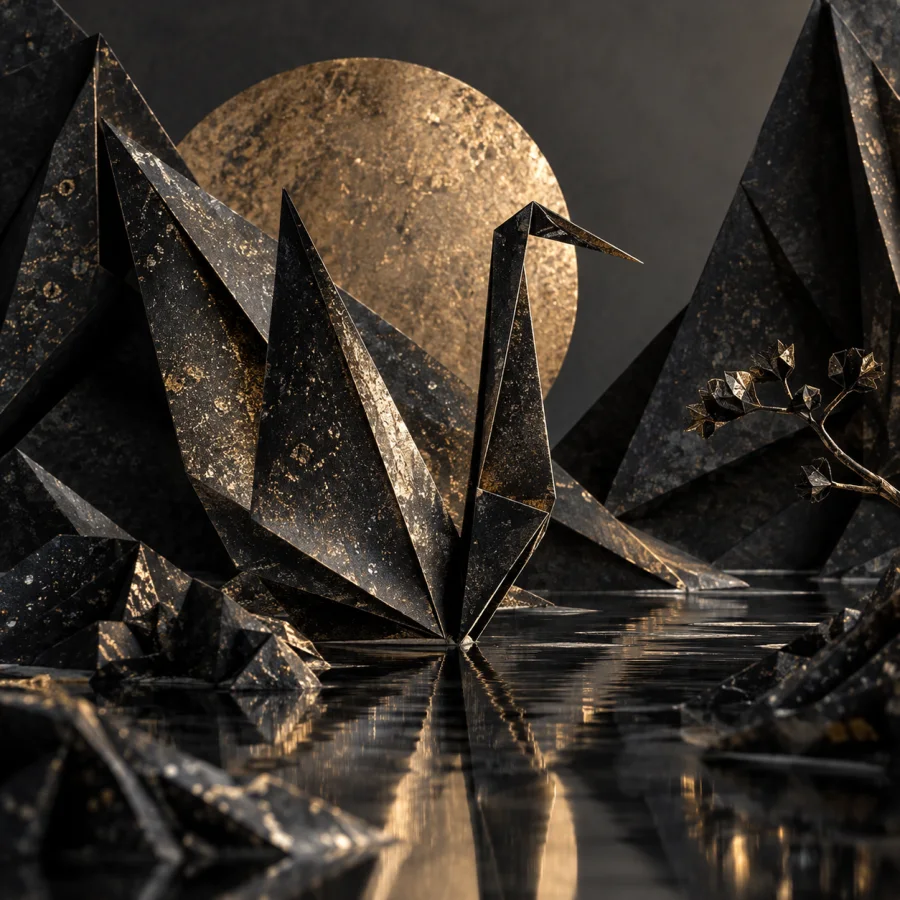 Mica Ink Origami: Folded ink-dark sheets containing fine mica flecks, sharp geometric creases and subtle mineral shimmer.