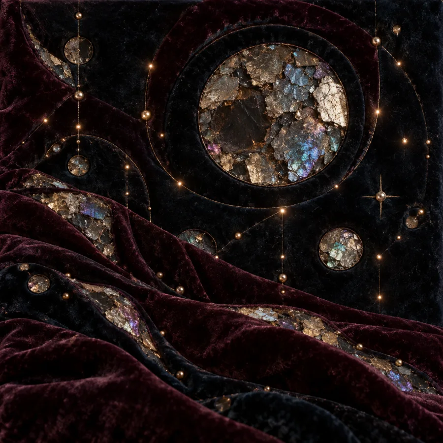Mica Velvet Constellations: Small mica plates embedded in deep velvet, muted spectral flashes and carefully spaced luminous points.