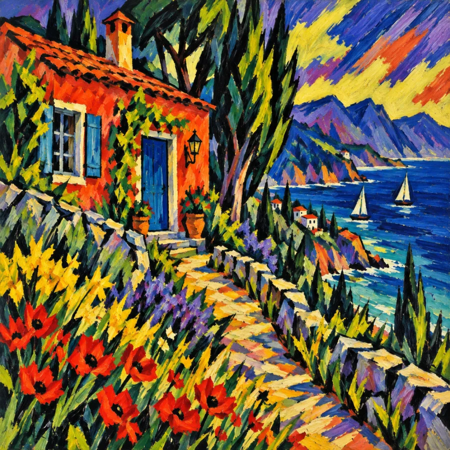 German Expressionism: Angular forms, distorted perspective and forceful brushwork in emotionally charged, nonnaturalistic colors.