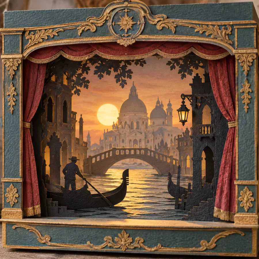 Miniature Paper Theater: Layered printed paper scenery in a small proscenium frame, cut silhouettes and receding shallow stage planes.