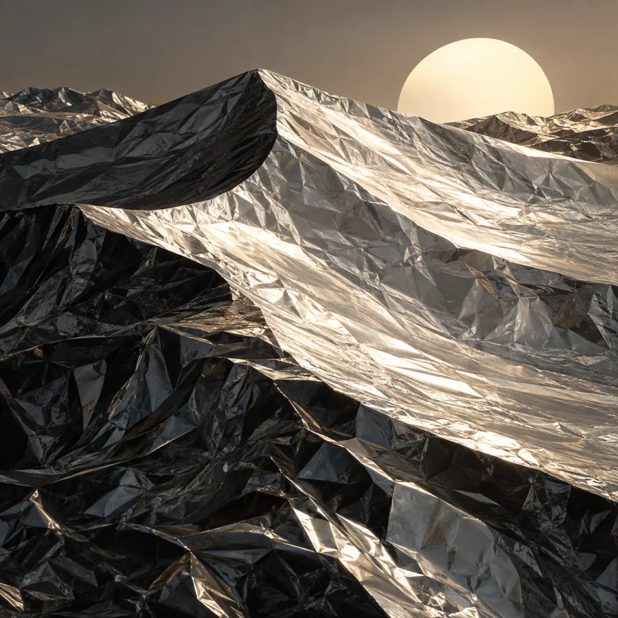 Mirror-Paper Dunes: Crumpled reflective paper forming dunes, alternating bright silver slopes and deep folded shadows.