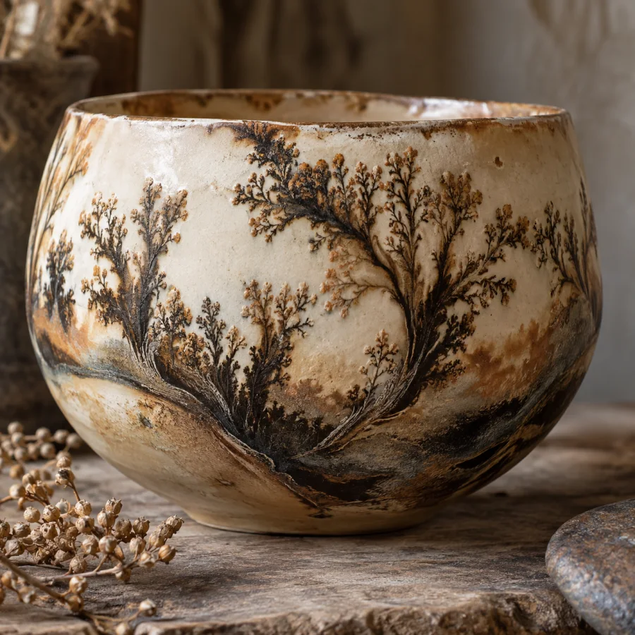 Mocha Diffusion Pottery: Feathery dendritic pigment blooms spreading across pale wet slip, earthy glazes and branching organic marks.