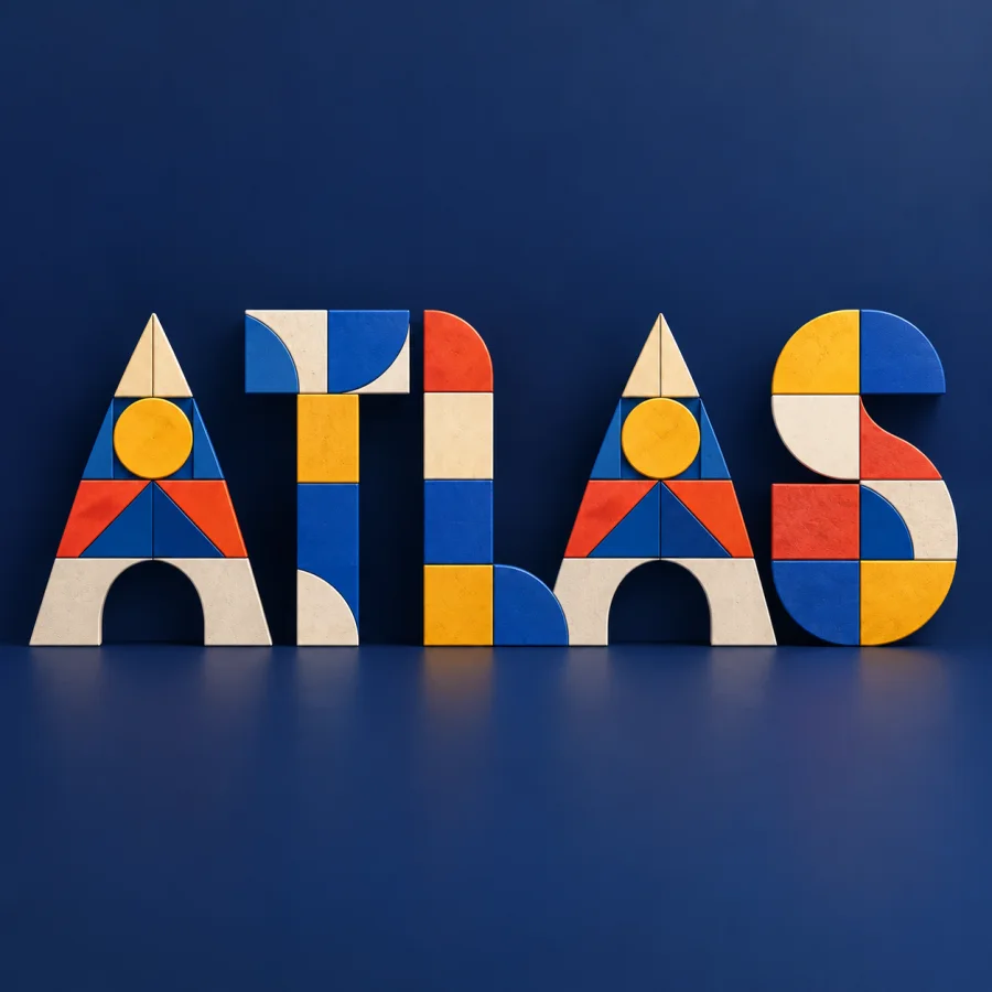 Modular Tile Typography: Letterforms assembled from a limited set of repeating geometric tiles, visible modular logic and playful color contrasts.