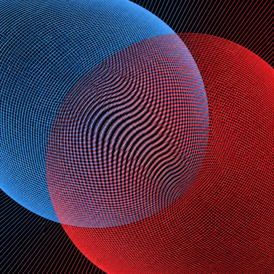 Moiré Line Interference: Overlapping fine line grids creating large undulating interference bands, crisp graphic rhythm and optical depth.
