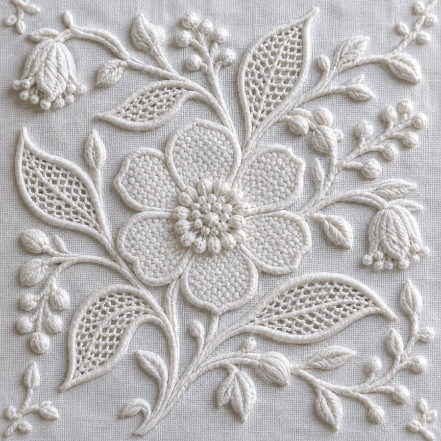 Mountmellick Embroidery: Dense white cotton embroidery on white fabric, robust botanical relief and contrasting matte stitch textures.