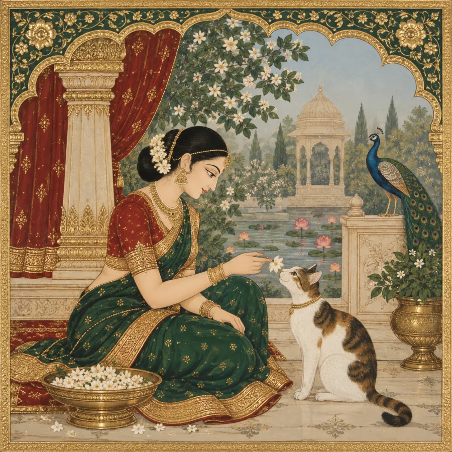 Mysore-Inspired Painting: Refined fine-line modeling, delicate gesso-like gold relief, restrained jewel colors and gracefully balanced decorative composition.