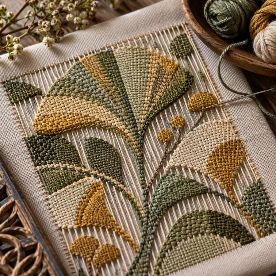 Needleweaving: Small woven areas built with a needle over stitched foundations, visible warp and weft and richly varied density.