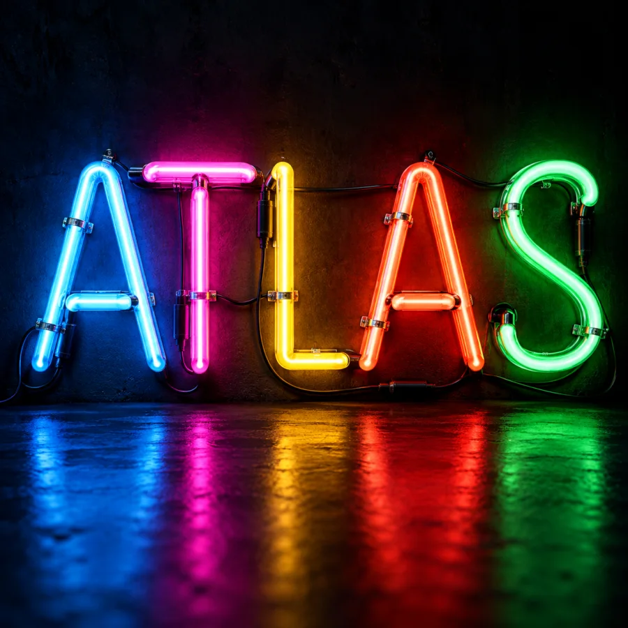 Neon Tube Lettering: Continuous bent luminous tubes shaped into letterforms, visible connectors and colored light spilling onto a dark surface.