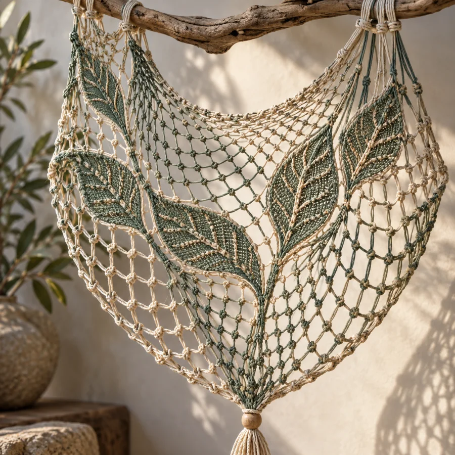 Net-Making: Hand-knotted mesh with consistent junctions, shifting grid density and gently tensioned open structure.