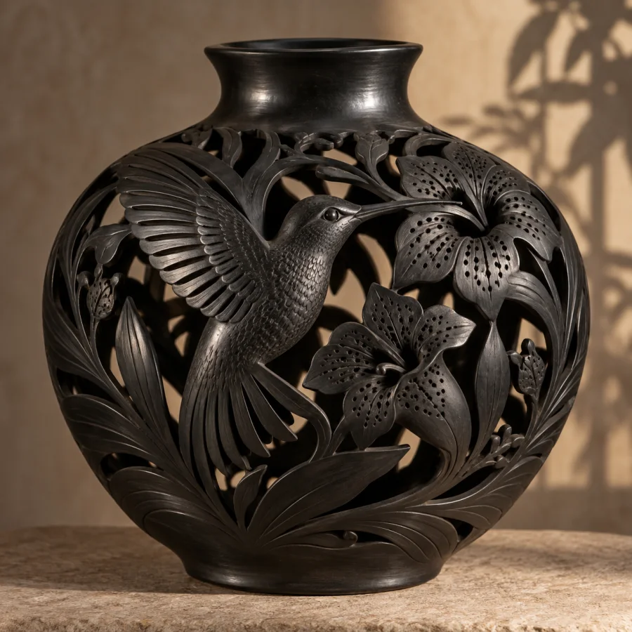 Oaxacan Barro Negro: Dark burnished clay with satin metallic luster, finely pierced details and elegant sculptural vessel profiles.