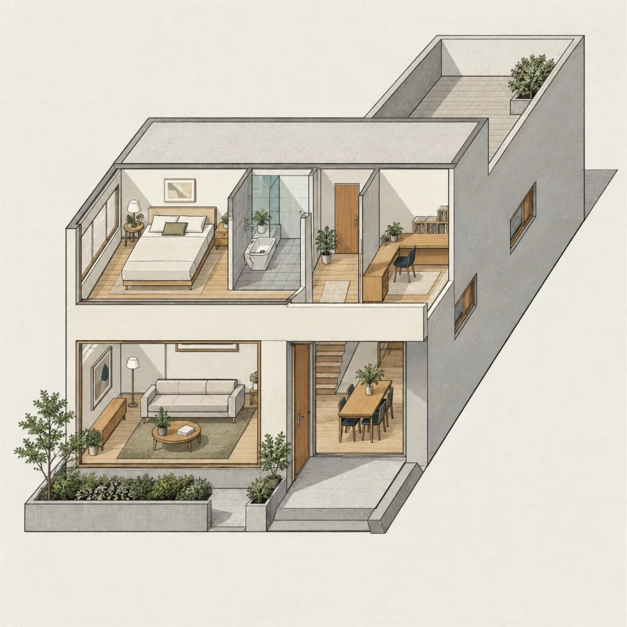 Oblique Cabinet Projection: A flat frontal plane with diagonally receding depth, precise geometric construction and diagrammatic spatial simplicity.