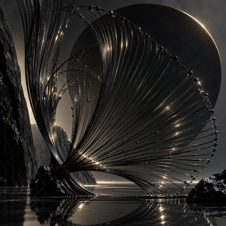 Obsidian Thread Fan: Fine black glass threads spreading in fan-like arcs, sharp reflected highlights and dark airy structural rhythm.