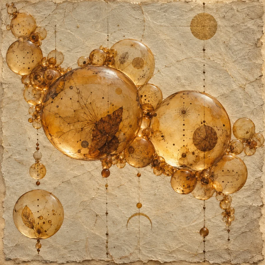 Ochre Bubble Manuscript: Translucent ocher bubbles clustered across fibrous paper, tiny internal marks and restrained manuscript-like spacing.