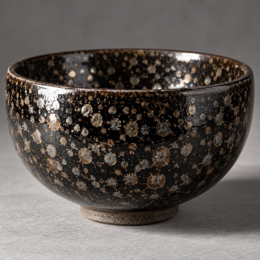 Oil-Spot Glaze: Dark iron-rich ceramic glaze dotted with metallic round speckles, deep glossy surfaces and subtle iridescence.
