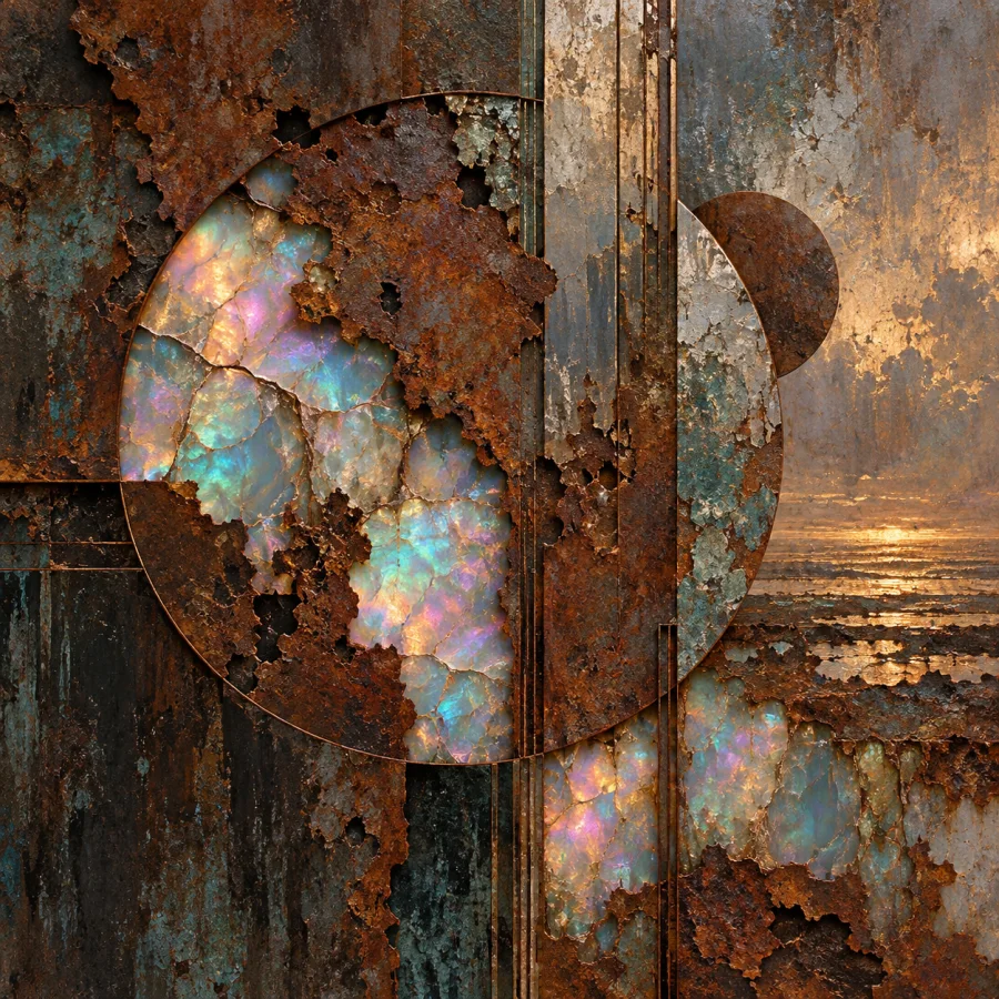 Opal Rust Palimpsest: Iridescent mineral patches emerging through oxidized metal layers, scraped traces and richly weathered color.