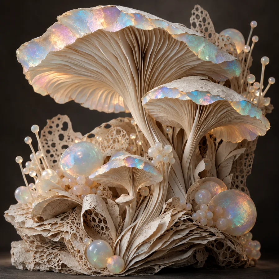 Opaline Paper Fungi: Layered paper mushrooms with opal-like edge color, delicate gills and softly luminous organic clusters.