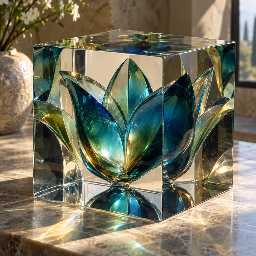 Optical Cast Glass: Thick polished cast-glass masses with internal reflections, refracted geometric spaces and deep clear color.