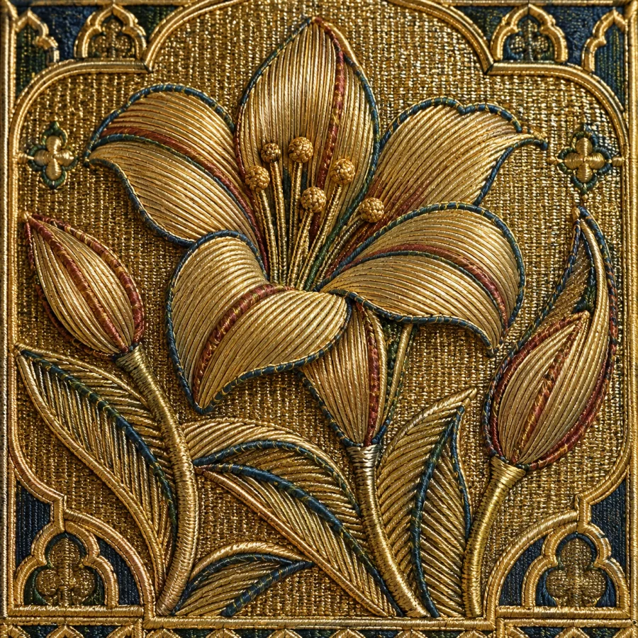 Or Nue Embroidery: Parallel gold threads modulated by colored couching stitches, creating luminous shaded forms over metallic ground.