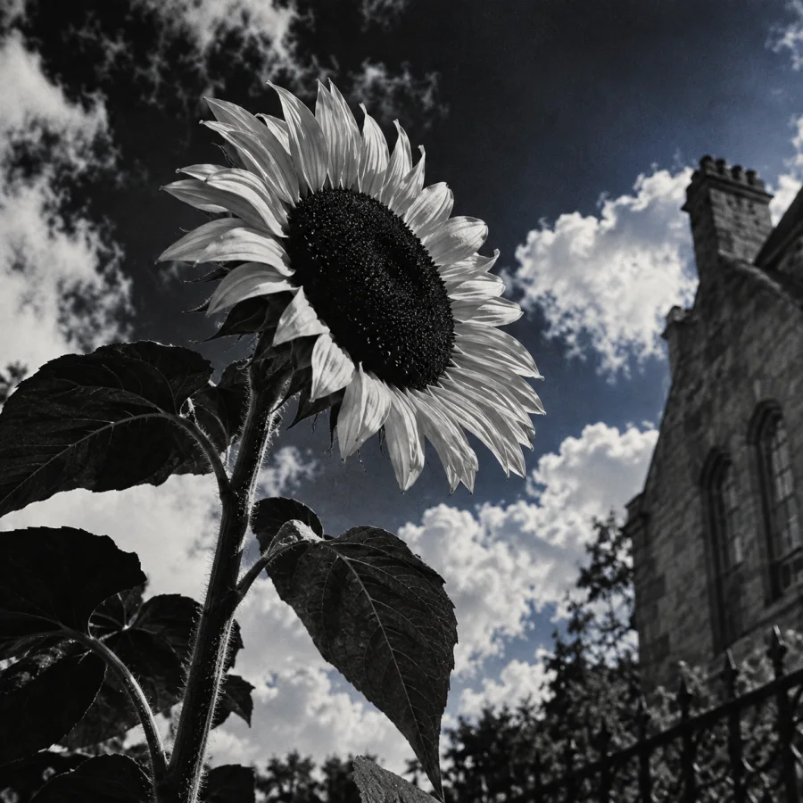 Orthochromatic Film Study: Black-and-white tones with unusually dark reds and luminous blues, crisp grain and striking spectral tonal separation.
