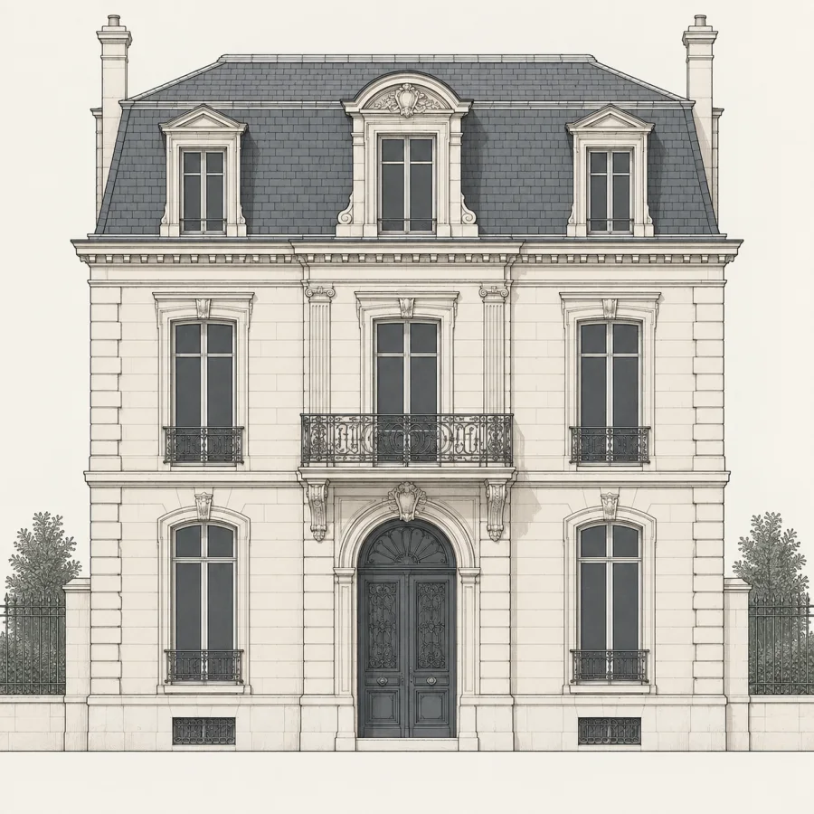 Orthographic Elevation Drawing: A perfectly frontal architectural view without perspective convergence, crisp line weights and restrained material hatching.